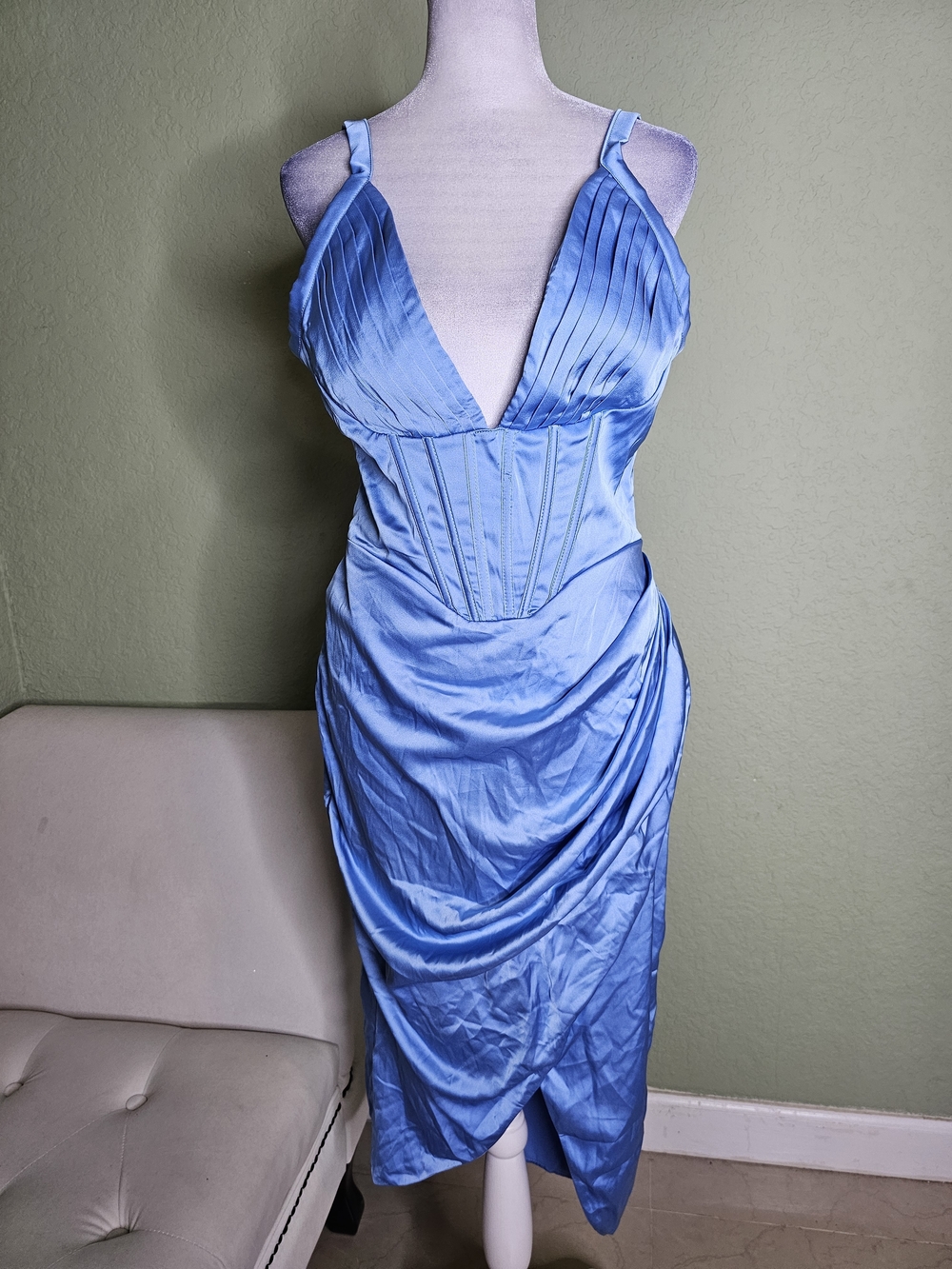Blue Satin Corset V-Neck Draped Midi Dress